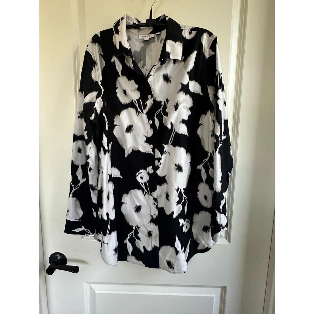 Chico's No-Iron Black White Floral Tunic Shirt Chico’s 2 (Large / US 12)